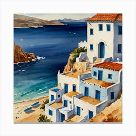 House On The Beach.Summer on a Greek island. Sea. Sand beach. White houses. Blue roofs. The beauty of the place. Watercolor. Canvas Print