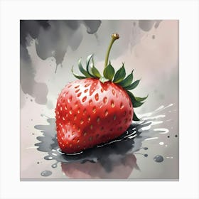 A Single Strawberry With Green Leaves Sits On A Gray Surface With Black Paint Splatters Canvas Print