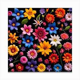 Set Of Colorful Flowers On Black Background Canvas Print