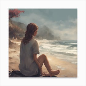 Girl Sitting On The Beach Canvas Print