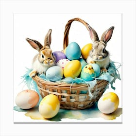 Photo of Easter bunnies in a basket, surrounded by pastel-painted eggs, and watercolor stains on background Canvas Print