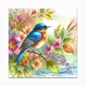 Blue Bird With Flowers Canvas Print