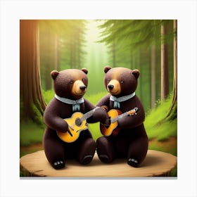 Bears Playing Guitar In The Forest Canvas Print