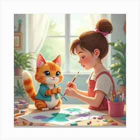 A Ragdoll Cat And A Teenager Painting Together In A Bright Art Studio, Watercolor Canvas Print