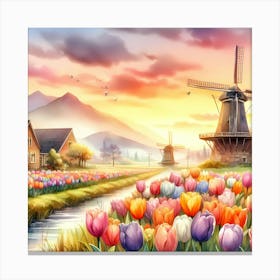 Windmills And Tulips Flower With Flowing River At Sunset Canvas Print