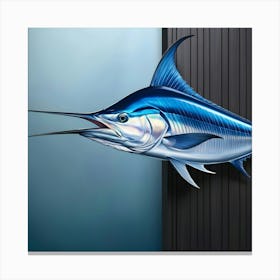 A Breathtakingly Rendered Illustration Of A Majestic Bluefin Marlin, Meticulously Mounted On A Sleek, Dark Stained Wooden Wall, With Meticulous Attention To Detail, Showcasing The Fish S Iridescent Blue And Silver Scales Glimmering 3 Canvas Print