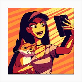 Cartoon Girl Taking Selfie With Cat Canvas Print