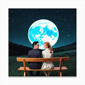 Couple Sitting On A Bench Under The Moon 2 Canvas Print