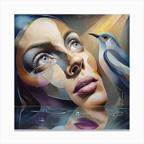 Surreal Close-Up Portrait of a Woman with Artistic Bird Design Canvas Print