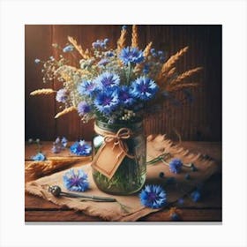 Blue Flowers In A Mason Jar 3 Canvas Print