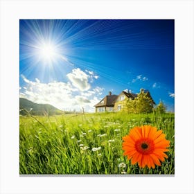 Firefly House, Sun, Cloud, Flower, Meadow, Nature, Landscape, Serene, Peaceful, Sunny, Vibrant, Sky, (8) Canvas Print