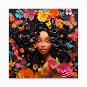 Black Girl With Flowers And Butterflies Canvas Print