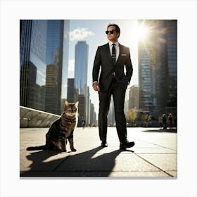 Businessman Wearing Sunglasses Accompanied By A Cat Playing At His Feet Downtown Skyscrapers Loomin (1) Canvas Print