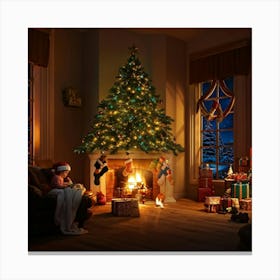 Cozy Christmas Eve Crackling Fireplace Casting A Soft Glow On The Elaborate Decorated Tree Toys Su (2) 2 Canvas Print