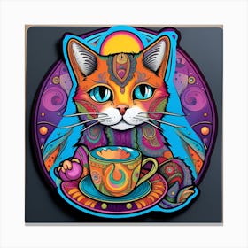 Cat With Cup Of Tea Whimsical Psychedelic Bohemian Enlightenment Print Canvas Print