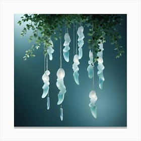 Delicate, Glowing Glass Sculptures Resembling Jellyfish Or Icicles Hang From Leafy Branches Against A Blue Green Background Canvas Print