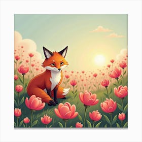 Fox In A Blooming Peony Field 1 Canvas Print