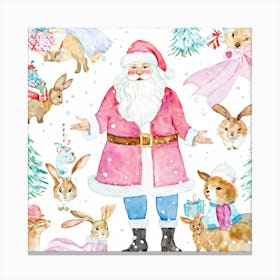 Pastel Watercolor Illustration Of Santa Wearing A Hat Having A Festive Conversation With Pink Dresse Canvas Print