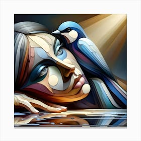 Abstract Portrait of a Woman with a Bird in Vibrant Colors Canvas Print