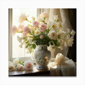 Pink Roses In A Vase 1 Canvas Print