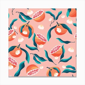 Orange Pattern On Pink With Florals Square Canvas Print