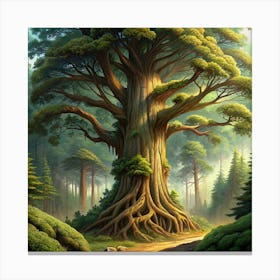 A Majestic Tree In A Forest With Sunlight Shining Through Canvas Print