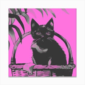 Black Kitty Cat In A Basket Pink 1 Canvas Print