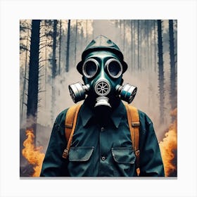 Man In Gas Mask In Forest Canvas Print