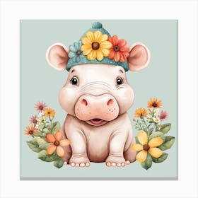 Floral Baby Hippo Nursery Illustration (6) Canvas Print