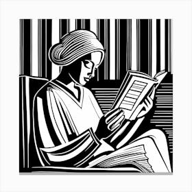 Reading A Book Linocut Black And White Painting, 317 Canvas Print