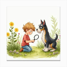 A Scottish Terrier And A Child Exploring A Garden With A Magnifying Glass, Watercolor Canvas Print