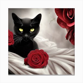 Silk And Roses Black Cat Canvas Print