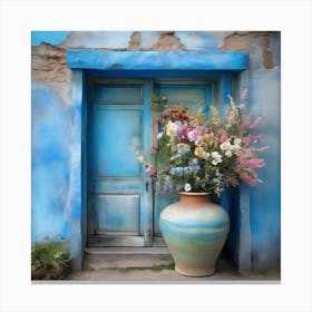 Blue wall. An old-style door in the middle, silver in color. There is a large pottery jar next to the door. There are flowers in the jar Spring oil colors. Wall painting.9 Canvas Print