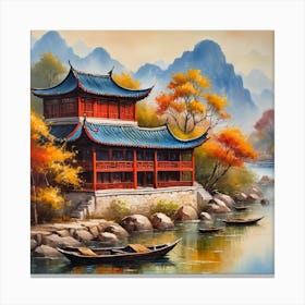 Chinese House By The River Canvas Print