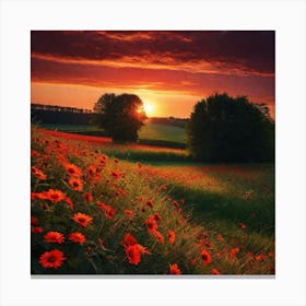 Sunset Over A Field Of Flowers 1 Canvas Print