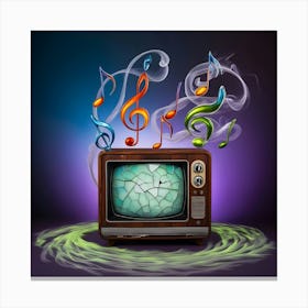 A Vibrant, Surrealistic Portrait Photograph Depicting A Vintage, Wooden Cased Television Set With A Distressed, Retro Aesthetic, Placed Against A Dark, Gradient Blue Background That Fades To Purple Hues, As If The Tv Is Radiating Beautiful Notes 2 Canvas Print