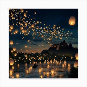 Romantic Wish Lanterns ,Couple Boat, Castle & Starry Sky Canvas Print