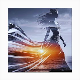 Woman Walking By The Ocean Canvas Print