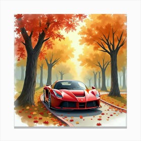 A Ferrari In A Watercolor Autumn Park With Falling Leaves 1 1 Canvas Print