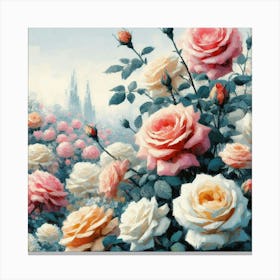 Roses In The Garden, Watercolor Style Painting Canvas Print