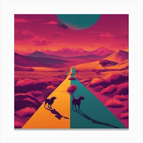 An Image Of A Dog Walking Through An Orange And Yellow Colored Landscape, In The Style Of Dark Teal (6) Canvas Print