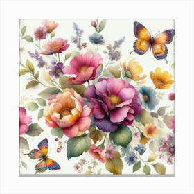 An arrangement of colorful flowers, such as pink roses, yellow daffodils, and purple irises, with green leaves and orange butterflies, painted in a watercolor style on a white background. Canvas Print