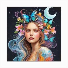 Girl With Flowers And Butterflies Canvas Print