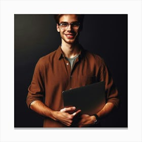 Young Man Holding Laptop Canvas Print