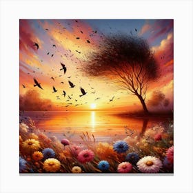 Sunset With Birds 1 Canvas Print