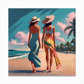 Two Women Walking On The Beach Canvas Print