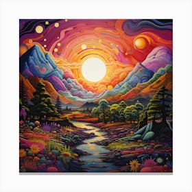 Sunset Over The Valley, Abstract, Colorful, Psychedelic Style Art Canvas Print
