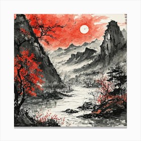 Mountain landscape with river in Chinese style Canvas Print