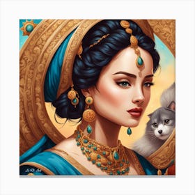 Colorful Portrait Illustration Of An Exotic Beauty With Decorative Elements And Gold Opal Jewelry Watched By A Dog Puppy Canvas Print