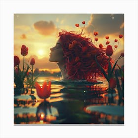 Tulip Woman In Sunset Pond Canvas Print